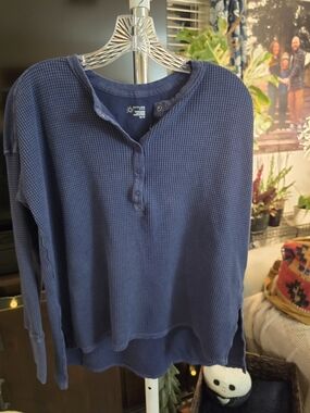 Offline By Aerie Navy Blue Waffle Henley Long Sleeve Top